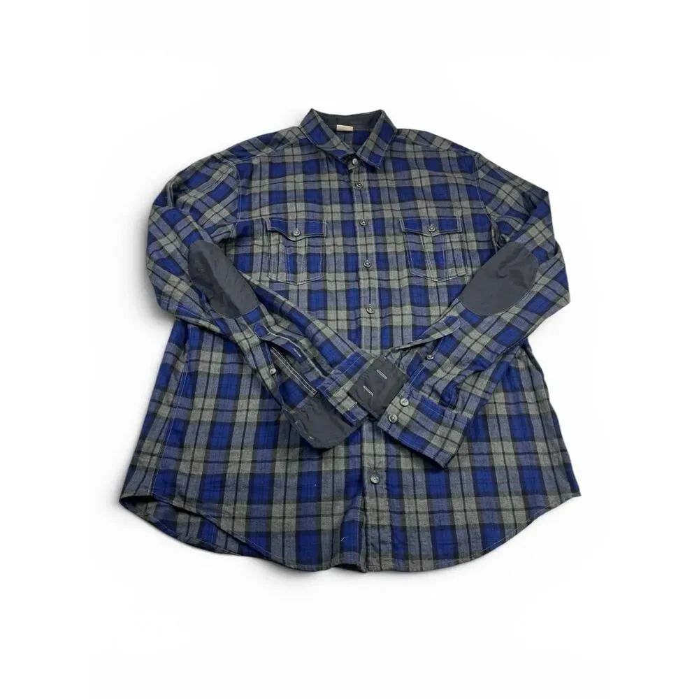 Hugo Boss Mens Button Down Shirt Plaid Long Sleeve Elbow Patch Rugged Casual L